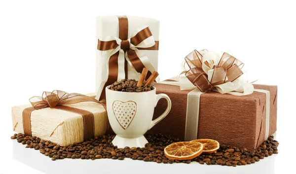 Gifts with bows and coffee grains — Stock Photo, Image