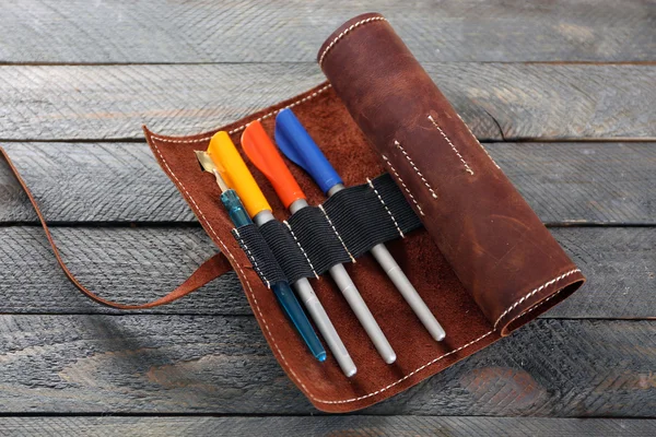 Leather case with items for drawing — Stock Photo, Image