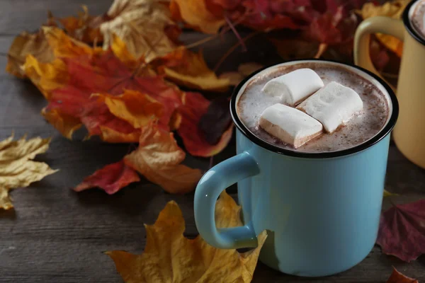 Välsmakande kakao och marshmallow i gammaldags metall mugg på bordet — Stockfoto