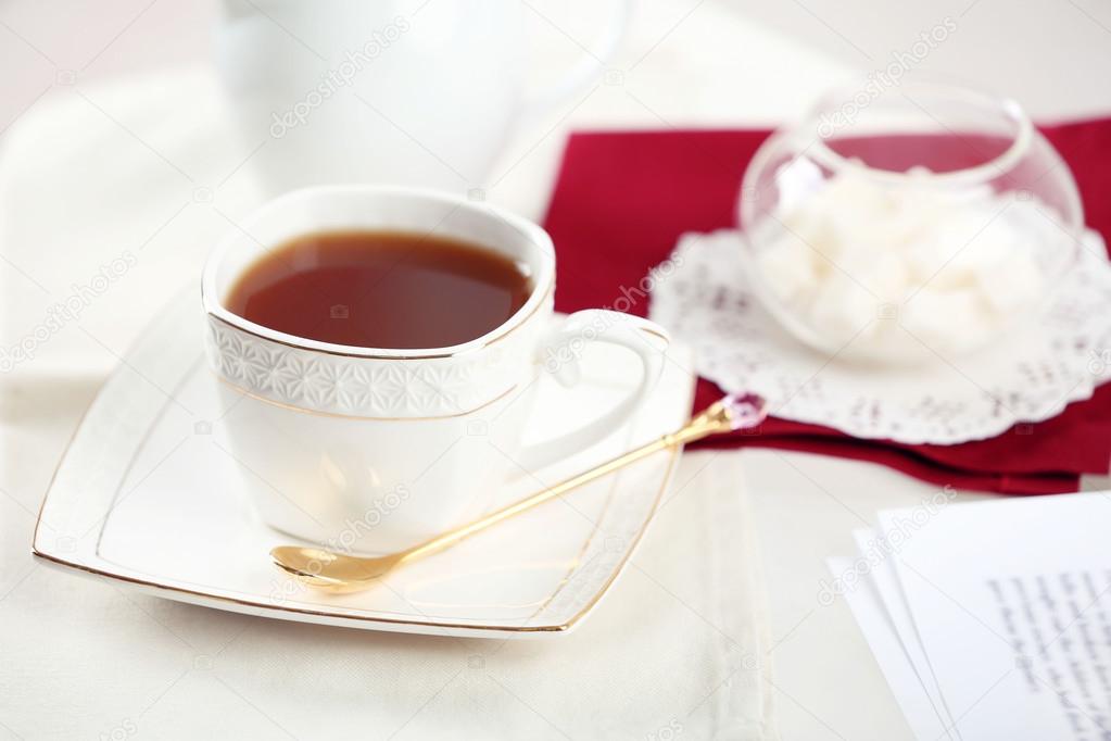 Cup of tea on table close up