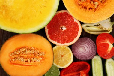 Meyve ve sebze yakın çekim parlak arka plan