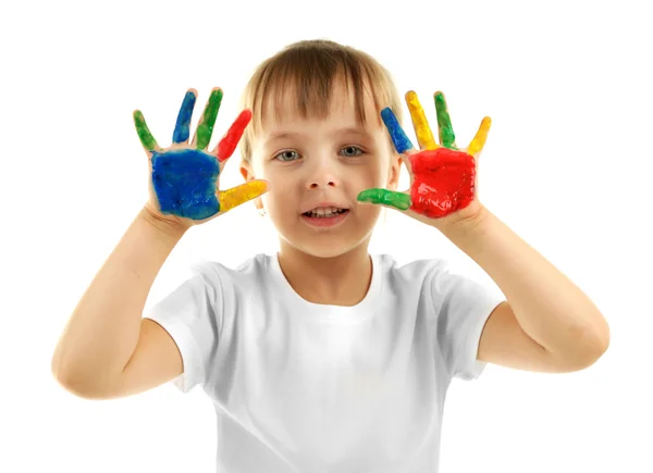 Kleines Mädchen mit Händen in Farbe — Stockfoto