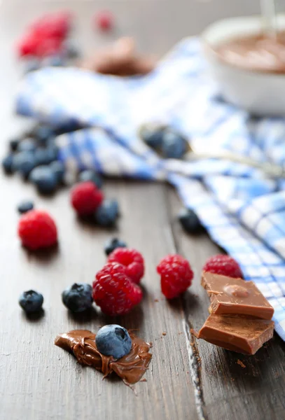Bela composição com creme de chocolate e bagas maduras — Fotografia de Stock