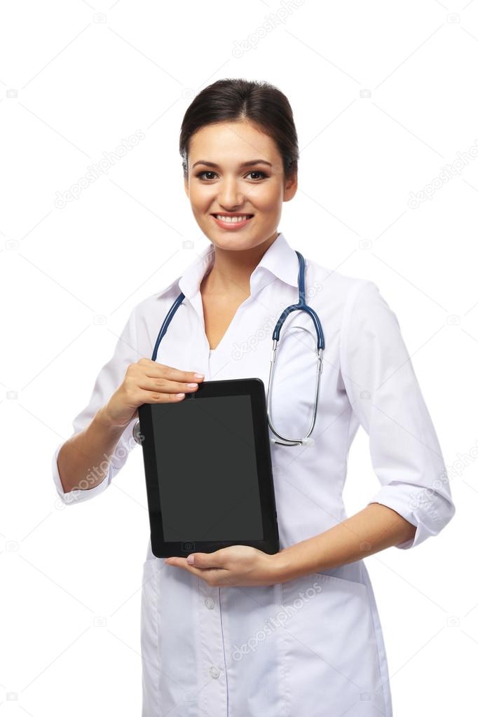 Smiling medical doctor holding a tablet