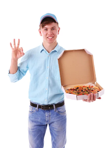 Springpojke med pizza — Stockfoto