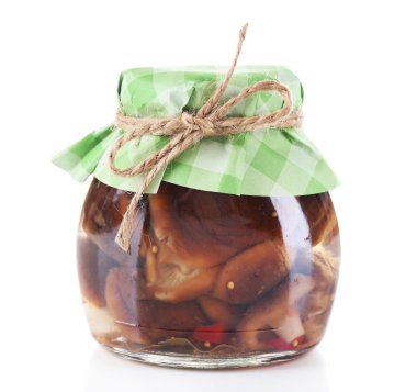 Cam üzerinde beyaz izole lezzetli Marine mantar