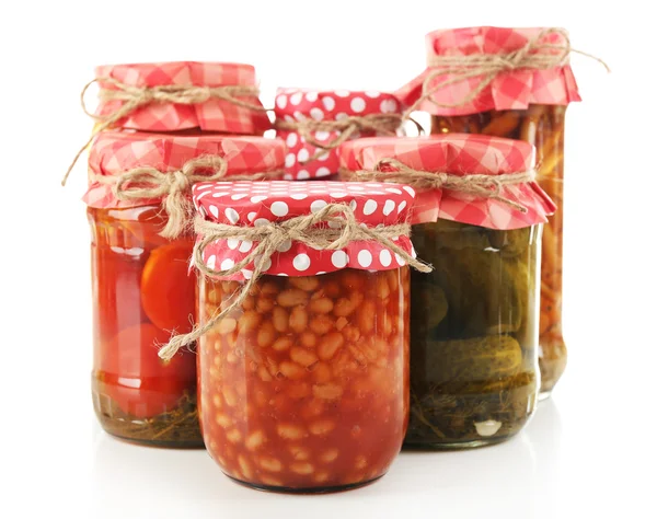 Jars  with pickled vegetables isolated on white — Stock Photo, Image