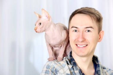 Genç adam omuzlarında oturan kedi sphynx