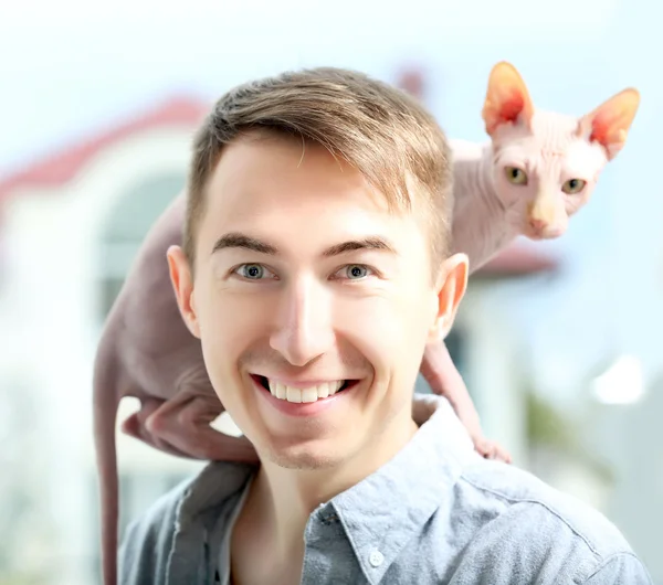 Cat sphynx sitting on young man shoulders — Stock Photo, Image