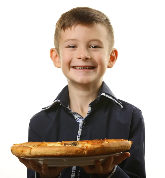 Kleine jongen bedrijf pizza — Stockfoto