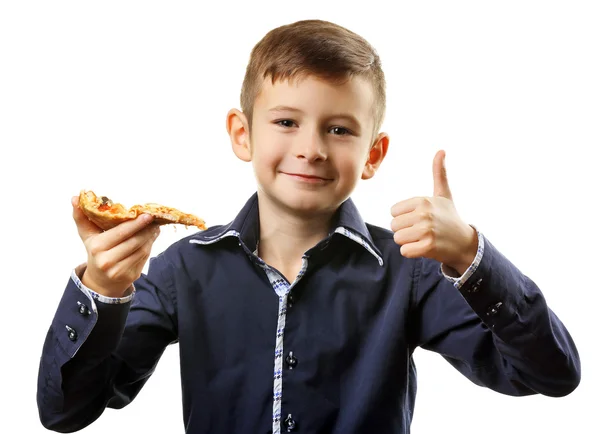 Μικρό αγόρι που τρώει πίτσα — Φωτογραφία Αρχείου