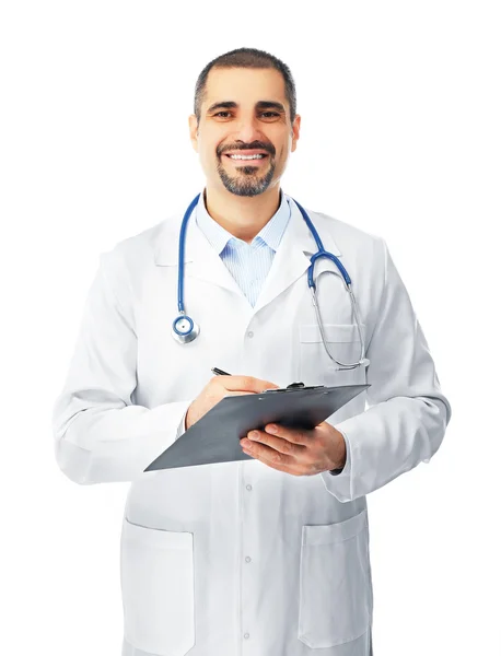 Médico com placa de prescrição em mãos isoladas — Fotografia de Stock