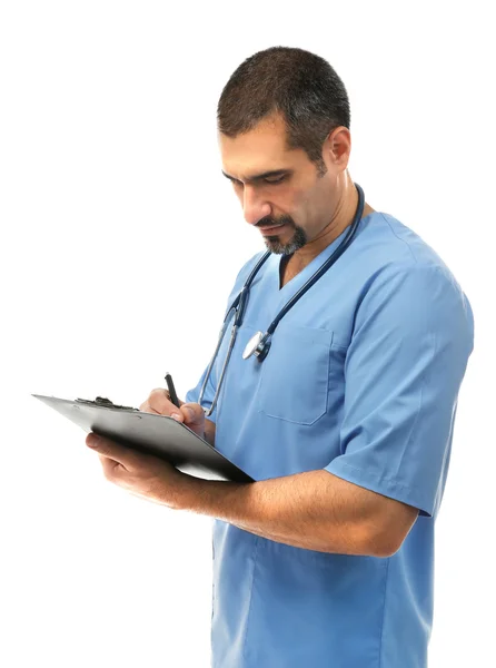 Doctor with prescription board in hands isolated — Stock Photo, Image