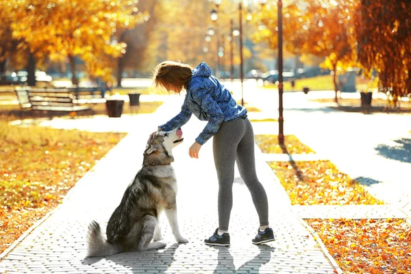 Frau geht mit Hund im Park spazieren — Stockfoto