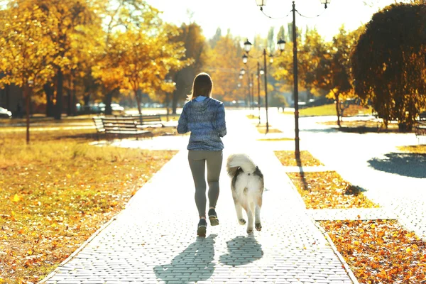 Jogging z psem w parku kobietę — Zdjęcie stockowe