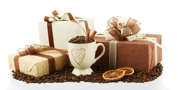 Gifts with bows and coffee grains — Stock Photo, Image