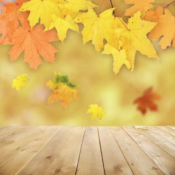 Herfst bladeren met bokeh en houten vloer. — Stockfoto