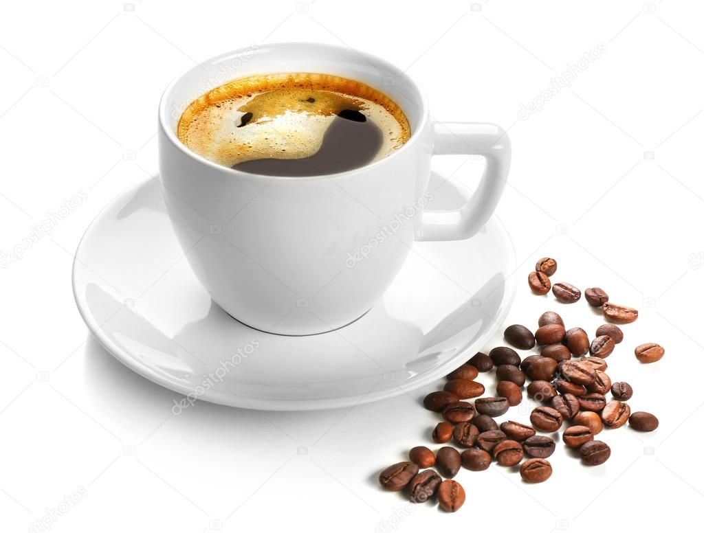 A cup of tasty drink and  coffee grains