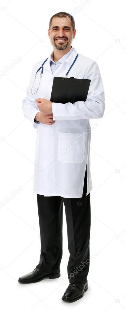 Doctor with prescription board in hands isolated