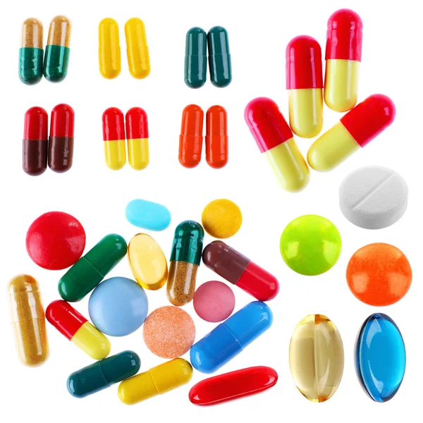 Различные таблетки в коллаже изолированы — стоковое фото