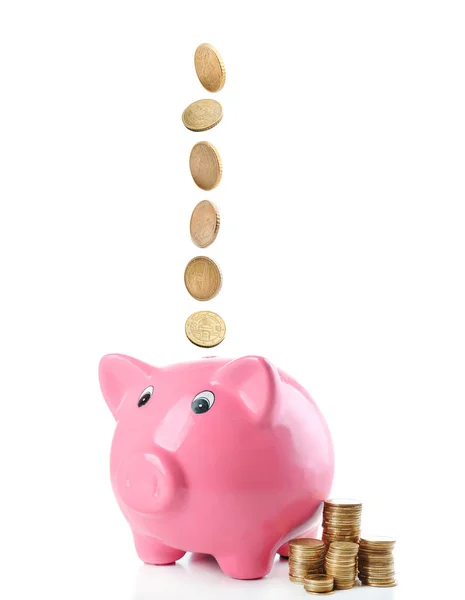 Banco piggy rosa com moedas — Fotografia de Stock