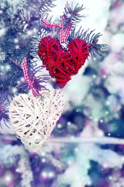 Покрытые снегом и плетеными сердцами — стоковое фото