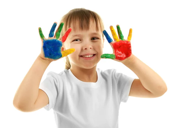 Petite fille avec les mains dans la peinture — Photo