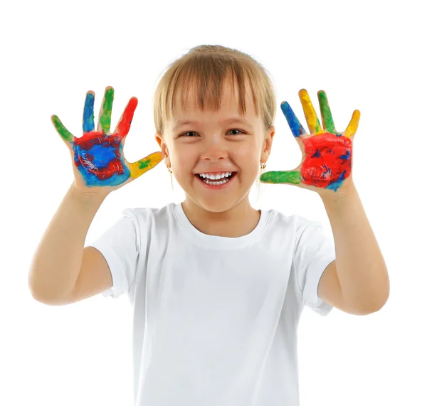 Little girl with hands in paint — Stock Photo, Image