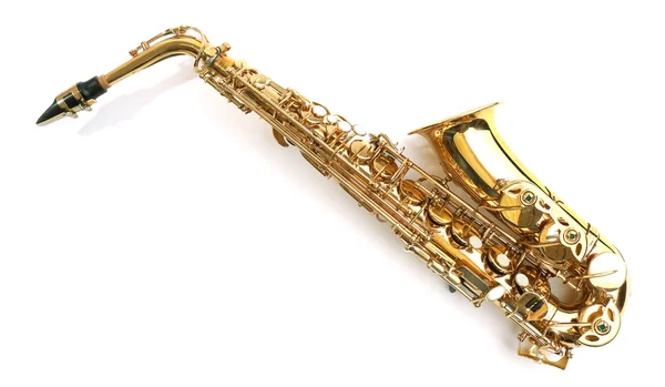 Saxofón dorado aislado sobre fondo blanco — Foto de Stock
