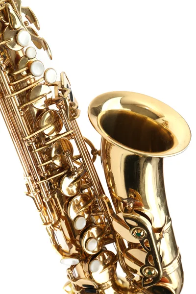 Złoty saksofon na białym tle na białym tle, z bliska — Zdjęcie stockowe