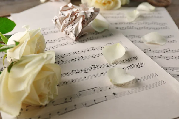 Beautiful roses on music sheets — Stock Photo, Image
