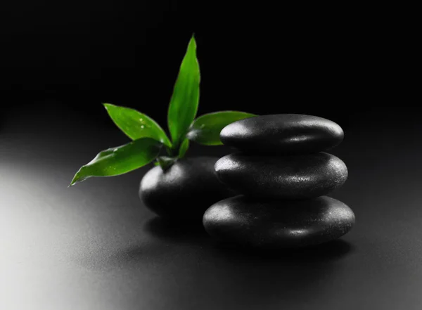 Pile of pebbles with bamboo leaf on black background — Stock Photo, Image