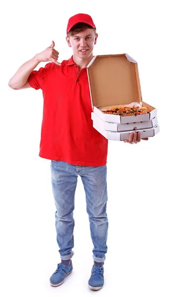 ピザの箱で配達の少年 — ストック写真