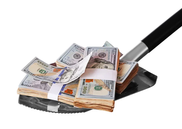 Shovel lifts dollar bills on white background — Stock Photo, Image