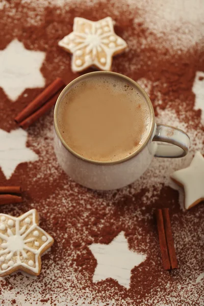 Beautiful composition with cup of cappuccino and Christmas cookies — Stock Photo, Image