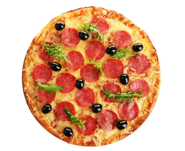 Pepperoni pizza with arugula and olives, isolated on white — Stock Photo, Image