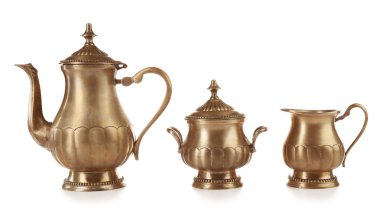 Beyaz arka plan üzerinde izole mutfak eşyası Vintage gümüş set