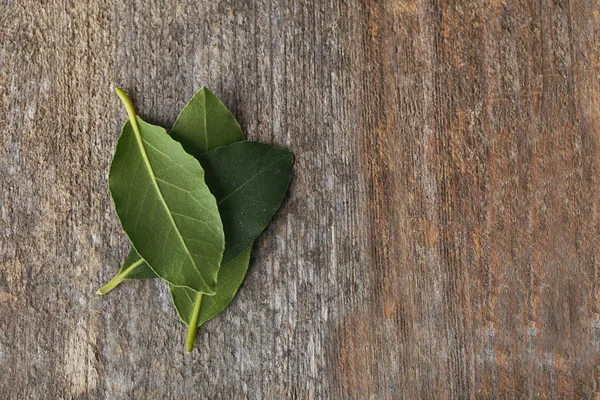 Fresh bay leaves on vintage wooden table — Stock Photo, Image