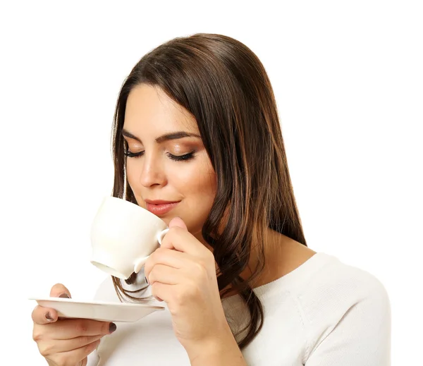 Portrait of pretty woman with cup of coffee isolated on white background — Stock Photo, Image