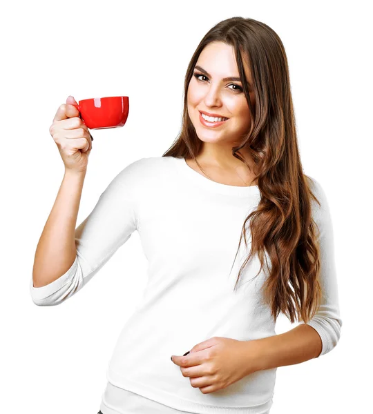 Retrato de mujer bonita con taza de café aislado sobre fondo blanco —  Fotos de Stock