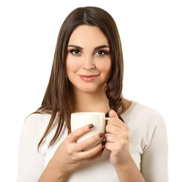 Retrato de mujer bonita con taza de café aislado sobre fondo blanco —  Fotos de Stock