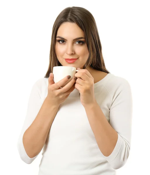 Retrato de mujer bonita con taza de café aislado sobre fondo blanco —  Fotos de Stock