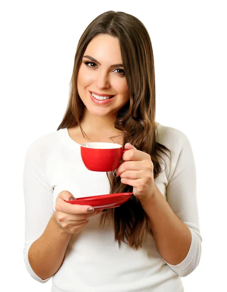 Retrato de mujer bonita con taza de café aislado sobre fondo blanco —  Fotos de Stock
