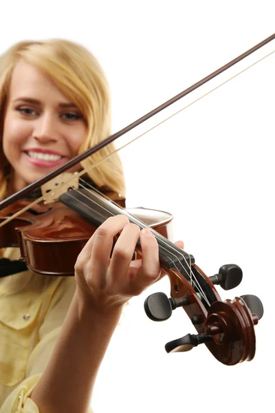 Beautiful woman plays violin isolated on white background, close up — Stock Photo, Image