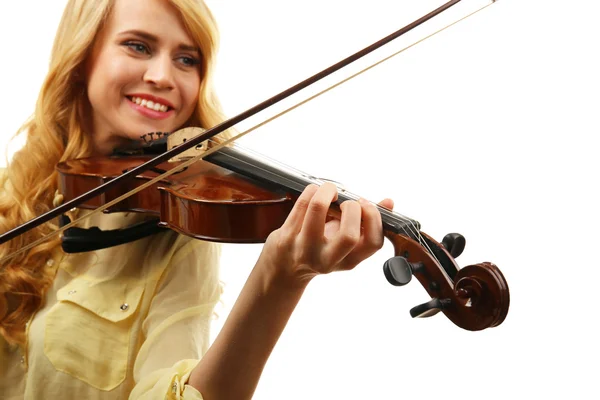 美しい女性が白い背景に分離されたヴァイオリンを果たしている、クローズ アップ — ストック写真