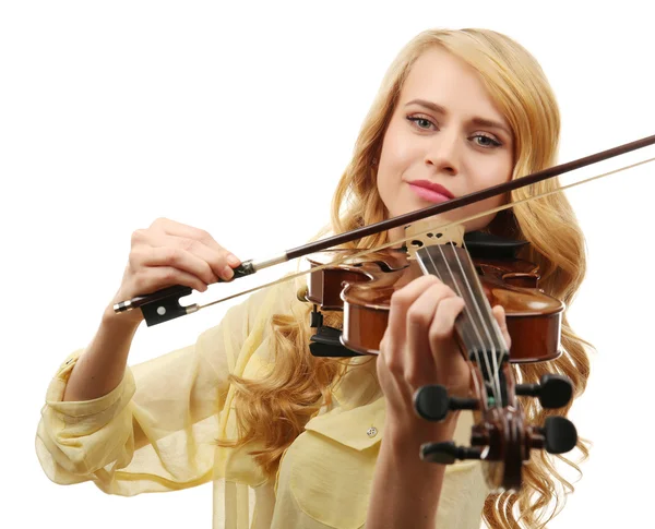 Belle femme joue du violon isolé sur fond blanc, gros plan — Photo