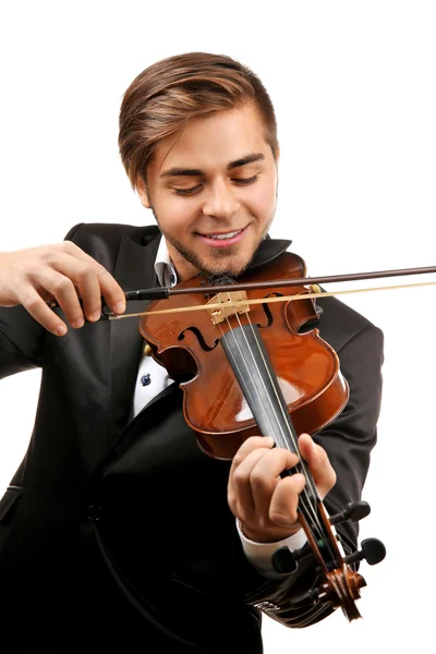 Bonito homem toca violino isolado no fundo branco, de perto — Fotografia de Stock