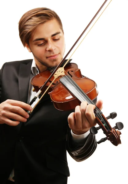 Stilig man spelar violin isolerad på vit bakgrund, närbild — Stockfoto