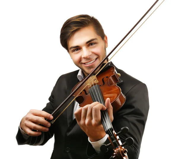 Bonito homem toca violino isolado no fundo branco, de perto — Fotografia de Stock