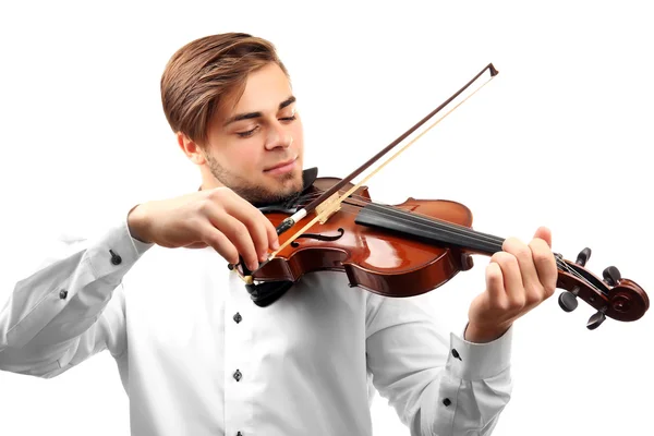 Hombre guapo toca el violín aislado sobre fondo blanco, de cerca —  Fotos de Stock